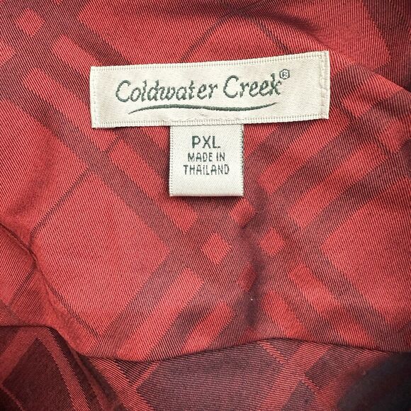 Coldwater Creek Red Zip Front Blouse PXL Plaid Collar Holiday Christmas Shiny - Picture 8 of 11